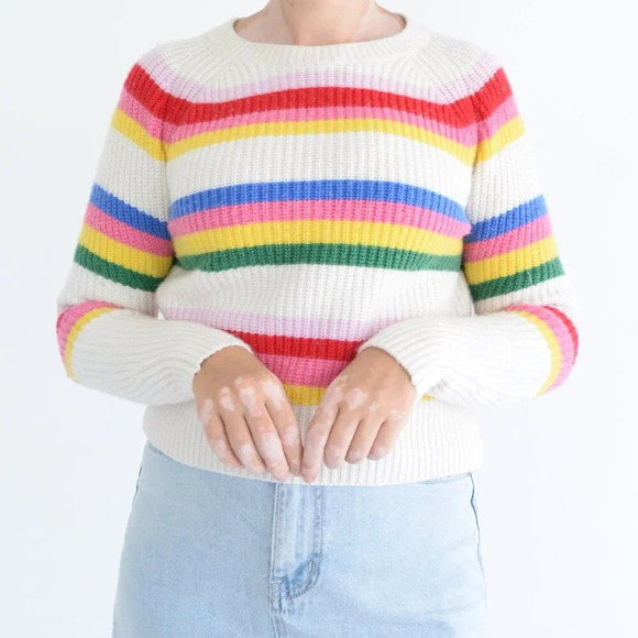 White + Warren Cream Pink Stripe Ribbed 25% Merino Wool Knit Cropped Sweater XS - Picture 2 of 11
